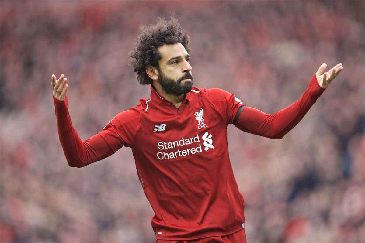 LIVERPOOL, ENGLAND - Sunday, April 14, 2019: Liverpool's Mohamed Salah celebrates scoring the second goal during the FA Premier League match between Liverpool FC and Chelsea FC at Anfield. (Pic by David Rawcliffe/Propaganda)