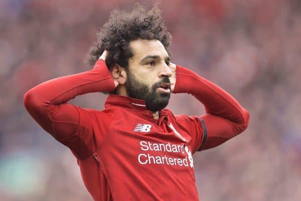 LIVERPOOL, ENGLAND - Sunday, April 14, 2019: Liverpool's Mohamed Salah celebrates scoring the second goal during the FA Premier League match between Liverpool FC and Chelsea FC at Anfield. (Pic by David Rawcliffe/Propaganda)