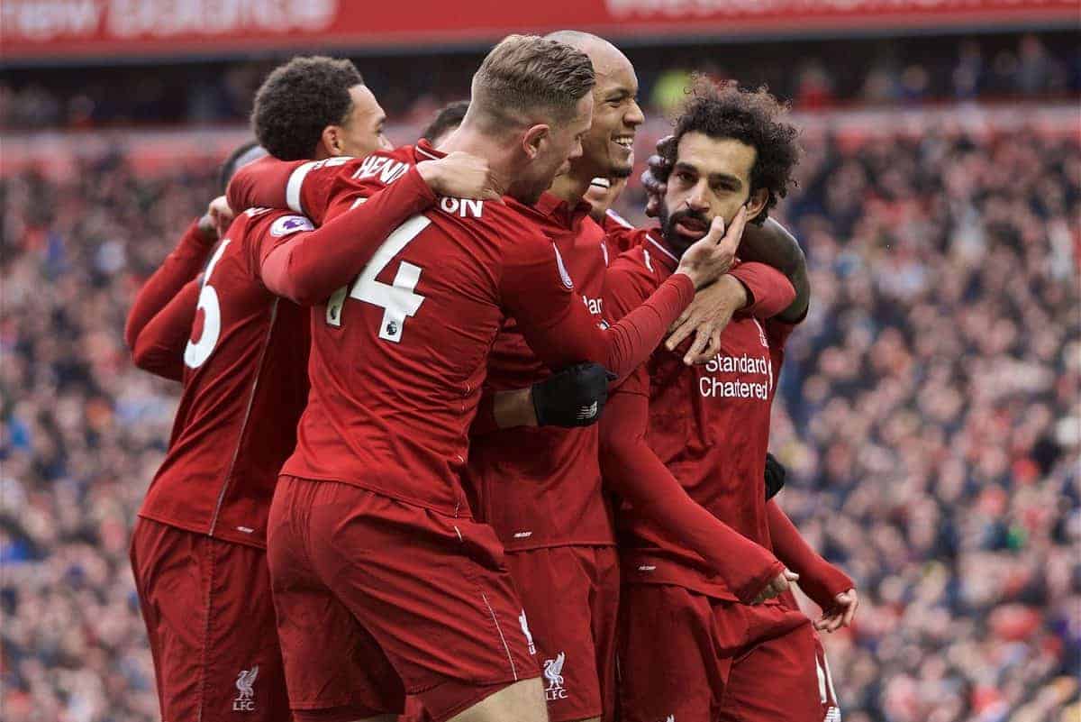 LIVERPOOL, ENGLAND - Sunday, April 14, 2019: Liverpool's Mohamed Salah celebrates scoring the second goal during the FA Premier League match between Liverpool FC and Chelsea FC at Anfield. (Pic by David Rawcliffe/Propaganda)