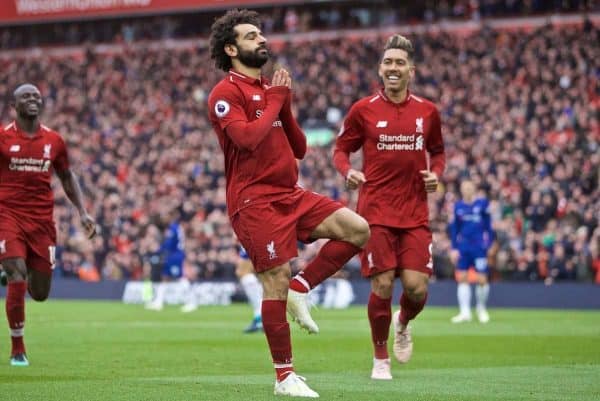 LIVERPOOL, ENGLAND - Sunday, April 14, 2019: Liverpool's Mohamed Salah celebrates scoring the second goal during the FA Premier League match between Liverpool FC and Chelsea FC at Anfield. (Pic by David Rawcliffe/Propaganda)