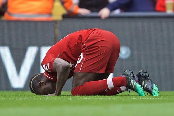 LIVERPOOL, ENGLAND - Sunday, April 14, 2019: Liverpool's Sadio Mane celebrates scoring the first goal during the FA Premier League match between Liverpool FC and Chelsea FC at Anfield. (Pic by David Rawcliffe/Propaganda)