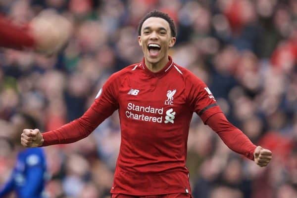 LIVERPOOL, ENGLAND - Sunday, April 14, 2019: Liverpool's Trent Alexander-Arnold celebrates his side's first goal during the FA Premier League match between Liverpool FC and Chelsea FC at Anfield. (Pic by David Rawcliffe/Propaganda)