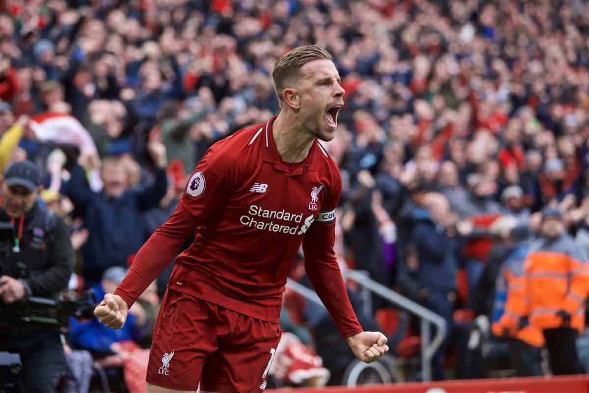 LIVERPOOL, ENGLAND - Sunday, April 14, 2019: Liverpool's captain Jordan Henderson celebrates his side's first goal during the FA Premier League match between Liverpool FC and Chelsea FC at Anfield. (Pic by David Rawcliffe/Propaganda)