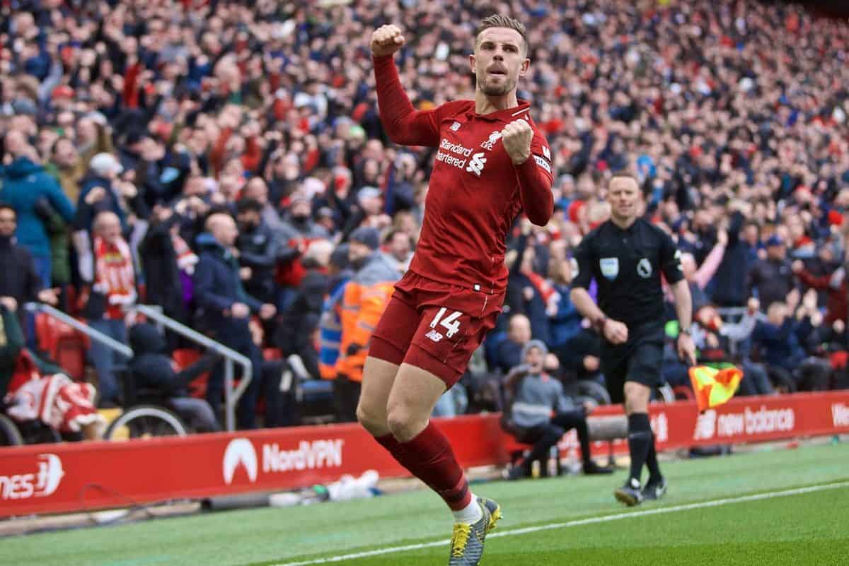 LIVERPOOL, ENGLAND - Sunday, April 14, 2019: Liverpool's captain Jordan Henderson celebrates his side's first goal during the FA Premier League match between Liverpool FC and Chelsea FC at Anfield. (Pic by David Rawcliffe/Propaganda)