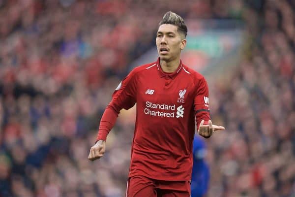 LIVERPOOL, ENGLAND - Sunday, April 14, 2019: Liverpool's Roberto Firmino during the FA Premier League match between Liverpool FC and Chelsea FC at Anfield. (Pic by David Rawcliffe/Propaganda)