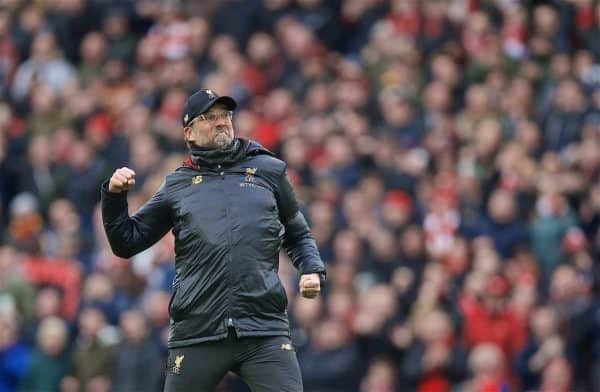 LIVERPOOL, ENGLAND - Sunday, April 14, 2019: Liverpool's manager Jürgen Klopp celebrates after the 2-0 victory over Chelsea during the FA Premier League match between Liverpool FC and Chelsea FC at Anfield. (Pic by David Rawcliffe/Propaganda)