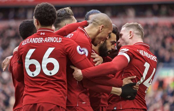 LIVERPOOL, ENGLAND - Sunday, April 14, 2019: Liverpool's Mohamed Salah (2nd from R) celebrates scoring the second goal with team-mates during the FA Premier League match between Liverpool FC and Chelsea FC at Anfield. (Pic by David Rawcliffe/Propaganda)