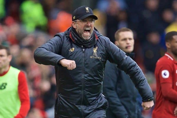 LIVERPOOL, ENGLAND - Sunday, April 14, 2019: Liverpool's manager J¸rgen Klopp reacts during the FA Premier League match between Liverpool FC and Chelsea FC at Anfield. (Pic by David Rawcliffe/Propaganda)