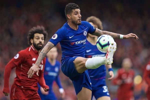 LIVERPOOL, ENGLAND - Sunday, April 14, 2019: Chelsea's Emerson Palmieri dos Santos during the FA Premier League match between Liverpool FC and Chelsea FC at Anfield. (Pic by David Rawcliffe/Propaganda)