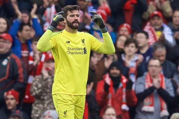 LIVERPOOL, ENGLAND - Sunday, April 14, 2019: Liverpool's goalkeeper Alisson Becker during the FA Premier League match between Liverpool FC and Chelsea FC at Anfield. (Pic by David Rawcliffe/Propaganda)