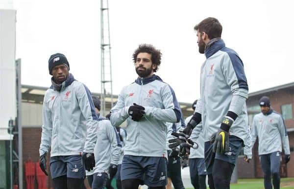 LIVERPOOL, ENGLAND - Tuesday, April 16, 2019: Liverpool's L-R Georginio Wijnaldum, Mohamed Salah and goalkeeper Alisson Becker during a training session at Melwood Training Ground ahead of the UEFA Champions League Quarter-Final 2nd Leg match between FC Porto and Liverpool FC. (Pic by Laura Malkin/Propaganda)