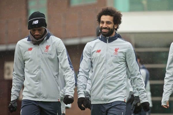 LIVERPOOL, ENGLAND - Tuesday, April 16, 2019: Liverpool's Georginio Wijnaldum (L) and Mohamed Salah (R) during a training session at Melwood Training Ground ahead of the UEFA Champions League Quarter-Final 2nd Leg match between FC Porto and Liverpool FC. (Pic by Laura Malkin/Propaganda)