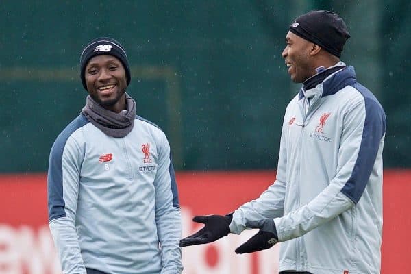 LIVERPOOL, ENGLAND - Tuesday, April 16, 2019: Liverpool's Naby Keita (L) and Daniel Sturridge during a training session at Melwood Training Ground ahead of the UEFA Champions League Quarter-Final 2nd Leg match between FC Porto and Liverpool FC. (Pic by Laura Malkin/Propaganda)