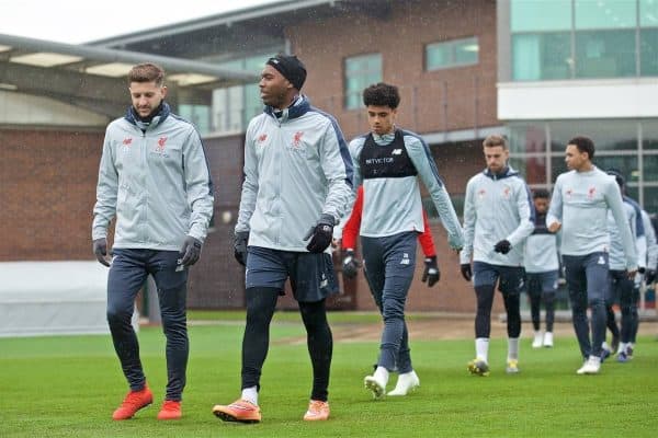 LIVERPOOL, ENGLAND - Tuesday, April 16, 2019: Liverpool's Adam Lallana and Daniel Sturridge during a training session at Melwood Training Ground ahead of the UEFA Champions League Quarter-Final 2nd Leg match between FC Porto and Liverpool FC. (Pic by Laura Malkin/Propaganda)