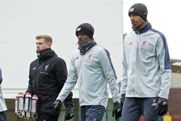 LIVERPOOL, ENGLAND - Tuesday, April 16, 2019: Liverpool's Divock Origi (L) and Joel Matip during a training session at Melwood Training Ground ahead of the UEFA Champions League Quarter-Final 2nd Leg match between FC Porto and Liverpool FC. (Pic by Laura Malkin/Propaganda)