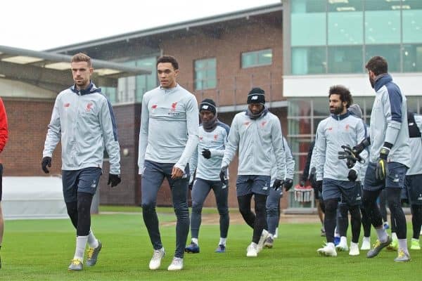 LIVERPOOL, ENGLAND - Tuesday, April 16, 2019: Liverpool's goalkeeping coach John Achterberg, captain Jordan Henderson, Trent Alexander-Arnold during a training session at Melwood Training Ground ahead of the UEFA Champions League Quarter-Final 2nd Leg match between FC Porto and Liverpool FC. (Pic by Laura Malkin/Propaganda)