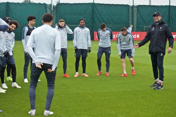 LIVERPOOL, ENGLAND - Tuesday, April 16, 2019: Liverpool's manager J¸rgen Klopp shakes a smile with his squad during a training session at Melwood Training Ground ahead of the UEFA Champions League Quarter-Final 2nd Leg match between FC Porto and Liverpool FC. (Pic by Laura Malkin/Propaganda)