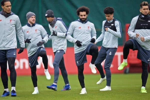 LIVERPOOL, ENGLAND - Tuesday, April 16, 2019: Liverpool's Virgil van Dijk, Xherdan Shaqiri, Fabio Henrique Tavares 'Fabinho', Mohamed Salah, Curtis Jones and Roberto Firmino during a training session at Melwood Training Ground ahead of the UEFA Champions League Quarter-Final 2nd Leg match between FC Porto and Liverpool FC. (Pic by Laura Malkin/Propaganda)