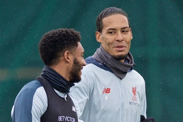 LIVERPOOL, ENGLAND - Tuesday, April 16, 2019: Liverpool's Virgil van Dijk (R) with Joe Gomez during a training session at Melwood Training Ground ahead of the UEFA Champions League Quarter-Final 2nd Leg match between FC Porto and Liverpool FC. (Pic by Laura Malkin/Propaganda)