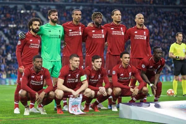 PORTO, PORTUGAL - Wednesday, April 17, 2019: Liverpool's players line-up for a team group photograph before the UEFA Champions League Quarter-Final 2nd Leg match between FC Porto and Liverpool FC at Estádio do Dragão. Back row L-R: Mohamed Salah, goalkeeper Alisson Becker, Joel Matip, Divock Origi, Virgil van Dijk, Fabio Henrique Tavares 'Fabinho'. Front row L-R: Georginio Wijnaldum, captain James Milner, Andy Robertson, Trent Alexander-Arnold, Sadio Mane. (Pic by David Rawcliffe/Propaganda)PORTO, PORTUGAL - Wednesday, April 17, 2019: Liverpool's players line-up for a team group photograph before the UEFA Champions League Quarter-Final 2nd Leg match between FC Porto and Liverpool FC at Estádio do Dragão. Back row L-R: Mohamed Salah, goalkeeper Alisson Becker, Joel Matip, Divock Origi, Virgil van Dijk, Fabio Henrique Tavares 'Fabinho'. Front row L-R: Georginio Wijnaldum, captain James Milner, Andy Robertson, Trent Alexander-Arnold, Sadio Mane. (Pic by David Rawcliffe/Propaganda)