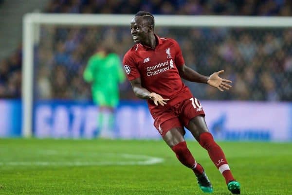 PORTO, PORTUGAL - Wednesday, April 17, 2019: Liverpool's Sadio Mane celebrates scoring the first goal during the UEFA Champions League Quarter-Final 2nd Leg match between FC Porto and Liverpool FC at Est·dio do Drag„o. (Pic by David Rawcliffe/Propaganda)