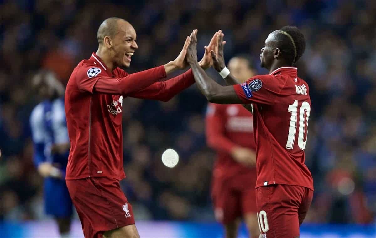 PORTO, PORTUGAL - Wednesday, April 17, 2019: Liverpool's Sadio Mane (R) celebrates scoring the first goal with team-mate Fabio Henrique Tavares 'Fabinho' during the UEFA Champions League Quarter-Final 2nd Leg match between FC Porto and Liverpool FC at Est·dio do Drag„o. (Pic by David Rawcliffe/Propaganda)