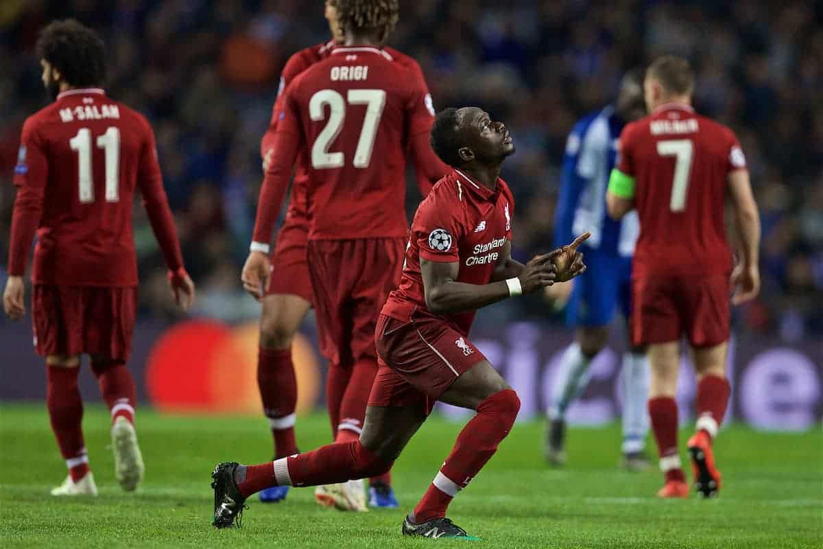 PORTO, PORTUGAL - Wednesday, April 17, 2019: Liverpool's Sadio Mane celebrates scoring the first goal during the UEFA Champions League Quarter-Final 2nd Leg match between FC Porto and Liverpool FC at Est·dio do Drag„o. (Pic by David Rawcliffe/Propaganda)