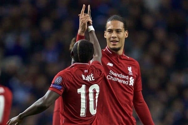 PORTO, PORTUGAL - Wednesday, April 17, 2019: Liverpool's Sadio Mane celebrates scoring the first goal with team-mated Virgil van Dijk uring the UEFA Champions League Quarter-Final 2nd Leg match between FC Porto and Liverpool FC at Est·dio do Drag„o. (Pic by David Rawcliffe/Propaganda)