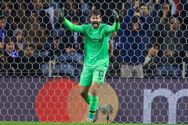 PORTO, PORTUGAL - Wednesday, April 17, 2019: Liverpool's goalkeeper Alisson Becker reacts during the UEFA Champions League Quarter-Final 2nd Leg match between FC Porto and Liverpool FC at Est·dio do Drag„o. (Pic by David Rawcliffe/Propaganda)