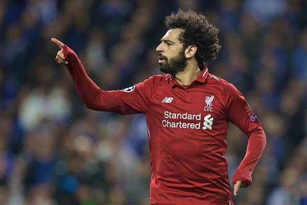 PORTO, PORTUGAL - Wednesday, April 17, 2019: Liverpool's Mohamed Salah celebrates scoring the second goal during the UEFA Champions League Quarter-Final 2nd Leg match between FC Porto and Liverpool FC at Estádio do Dragão. (Pic by David Rawcliffe/Propaganda)