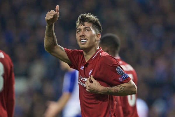 PORTO, PORTUGAL - Wednesday, April 17, 2019: Liverpool's Roberto Firmino celebrates scoring the third goal during the UEFA Champions League Quarter-Final 2nd Leg match between FC Porto and Liverpool FC at Estádio do Dragão. (Pic by David Rawcliffe/Propaganda)