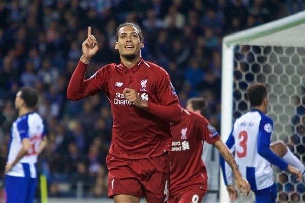 PORTO, PORTUGAL - Wednesday, April 17, 2019: Liverpool's Virgil van Dijk celebrates scoring the fourth goal during the UEFA Champions League Quarter-Final 2nd Leg match between FC Porto and Liverpool FC at Est·dio do Drag„o. (Pic by David Rawcliffe/Propaganda)