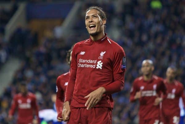 PORTO, PORTUGAL - Wednesday, April 17, 2019: Liverpool's Virgil van Dijk celebrates scoring the fourth goal during the UEFA Champions League Quarter-Final 2nd Leg match between FC Porto and Liverpool FC at Estádio do Dragão. (Pic by David Rawcliffe/Propaganda)