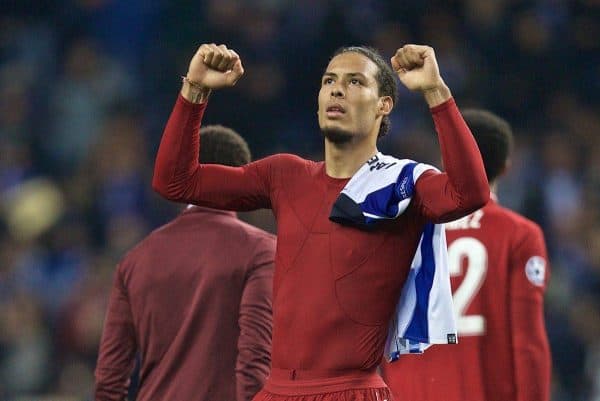 PORTO, PORTUGAL - Wednesday, April 17, 2019: Liverpool's Virgil van Dijk celebrates after the 4-1 (6-1 on aggregate) victory during the UEFA Champions League Quarter-Final 2nd Leg match between FC Porto and Liverpool FC at Est·dio do Drag„o. (Pic by David Rawcliffe/Propaganda)