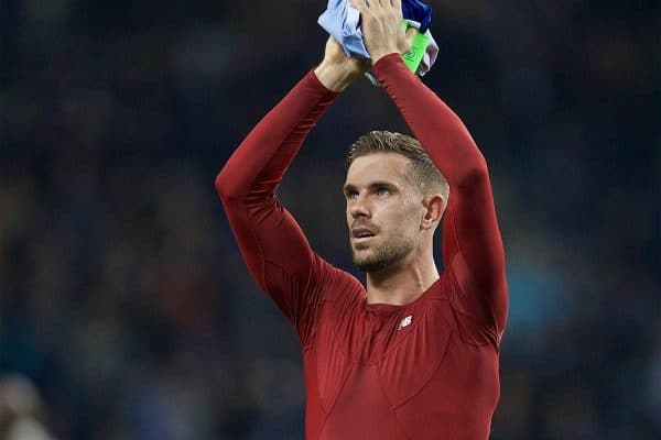 PORTO, PORTUGAL - Wednesday, April 17, 2019: Liverpool's captain Jordan Henderson celebrates after the 4-1 (6-1 on aggregate) victory during the UEFA Champions League Quarter-Final 2nd Leg match between FC Porto and Liverpool FC at Est·dio do Drag„o. (Pic by David Rawcliffe/Propaganda)