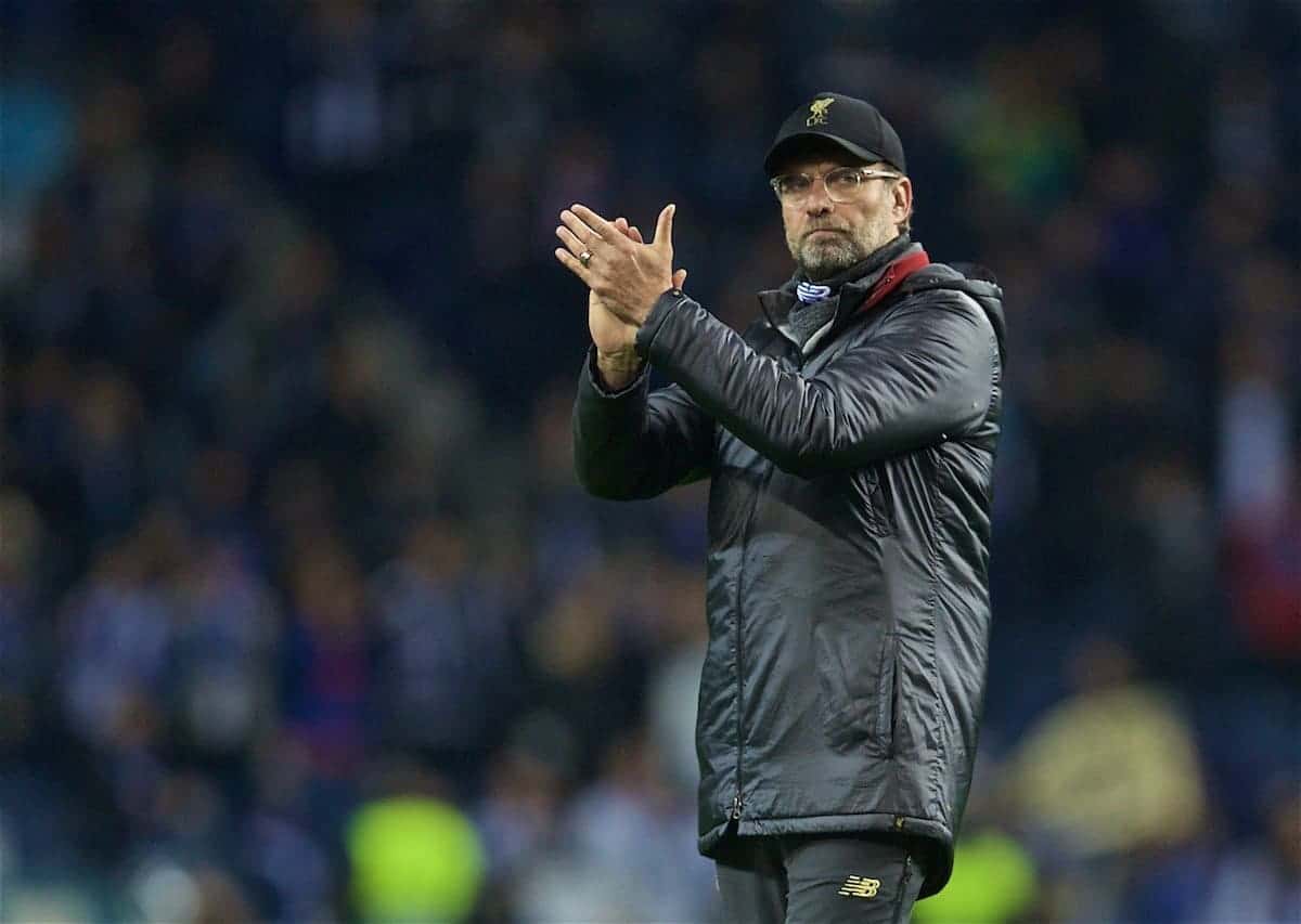 PORTO, PORTUGAL - Wednesday, April 17, 2019: Liverpool's manager Jürgen Klopp celebrates after the 4-1 (6-1 on aggregate) victory during the UEFA Champions League Quarter-Final 2nd Leg match between FC Porto and Liverpool FC at Estádio do Dragão. (Pic by David Rawcliffe/Propaganda)