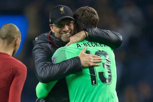 PORTO, PORTUGAL - Wednesday, April 17, 2019: Liverpool's manager J¸rgen Klopp celebrates with goalkeeper Alisson Becker after the 4-1 (6-1 on aggregate) victory during the UEFA Champions League Quarter-Final 2nd Leg match between FC Porto and Liverpool FC at Est·dio do Drag„o. (Pic by David Rawcliffe/Propaganda)