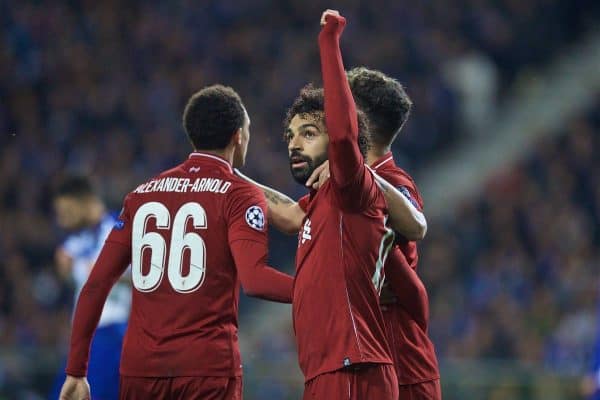 PORTO, PORTUGAL - Wednesday, April 17, 2019: Liverpool's Mohamed Salah celebrates scoring the second goal during the UEFA Champions League Quarter-Final 2nd Leg match between FC Porto and Liverpool FC at Est·dio do Drag„o. (Pic by David Rawcliffe/Propaganda)