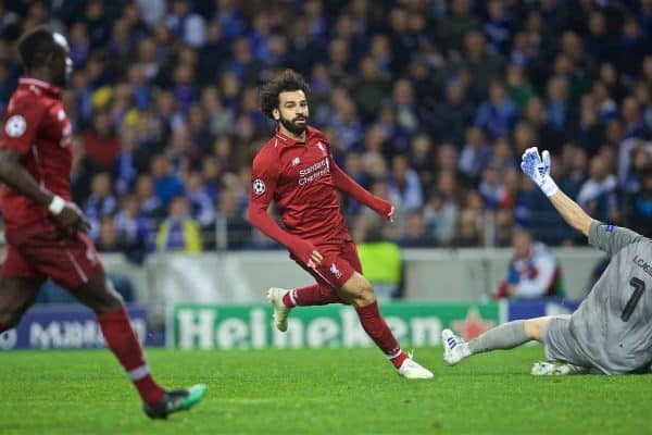 PORTO, PORTUGAL - Wednesday, April 17, 2019: Liverpool's Mohamed Salah celebrates scoring the second goal during the UEFA Champions League Quarter-Final 2nd Leg match between FC Porto and Liverpool FC at Est·dio do Drag„o. (Pic by David Rawcliffe/Propaganda)