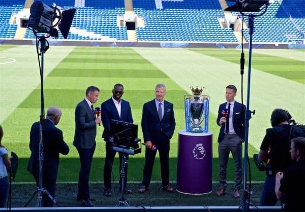 CARDIFF, WALES - Saturday, April 20, 2019: Former Liverpool players Jamie Carragher (L) and Graeme Souness (2nd from R) working for Sky Sports with former Manchester United player Louis Saha before the FA Premier League match between Cardiff City FC and Liverpool FC at the Cardiff City Stadium Stadium. (Pic by David Rawcliffe/Propaganda)