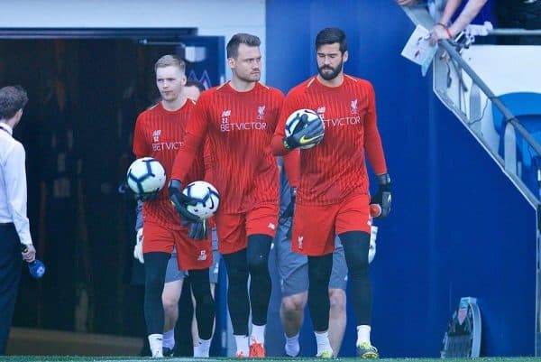 CARDIFF, WALES - Saturday, April 20, 2019: Liverpool's goalkeepers Caoimhin Kelleher, Simon Mignolet and Alisson Becker during the pre-match warm-up before the FA Premier League match between Cardiff City FC and Liverpool FC at the Cardiff City Stadium. (Pic by David Rawcliffe/Propaganda)