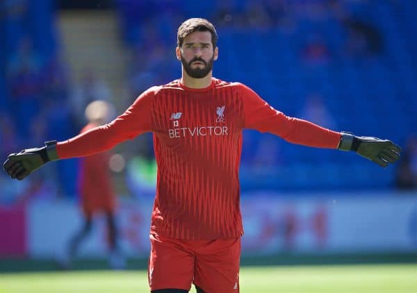 CARDIFF, WALES - Saturday, April 20, 2019: Liverpool's goalkeeper Alisson Becker during the pre-match warm-up before the FA Premier League match between Cardiff City FC and Liverpool FC at the Cardiff City Stadium. (Pic by David Rawcliffe/Propaganda)