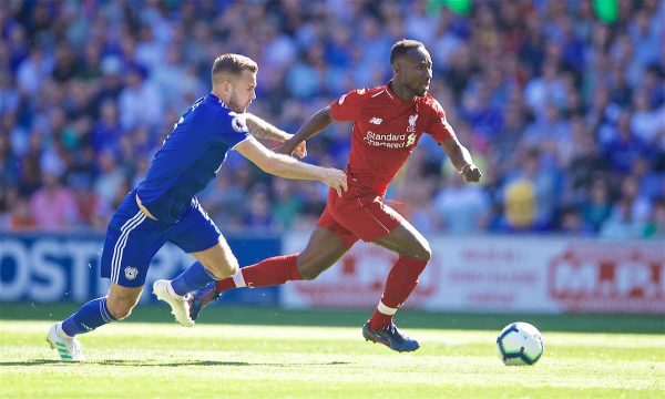 CARDIFF, WALES - Saturday, April 20, 2019: Liverpool's Naby Keita (R) and Cardiff City's Joe Ralls during the FA Premier League match between Cardiff City FC and Liverpool FC at the Cardiff City Stadium. (Pic by David Rawcliffe/Propaganda)