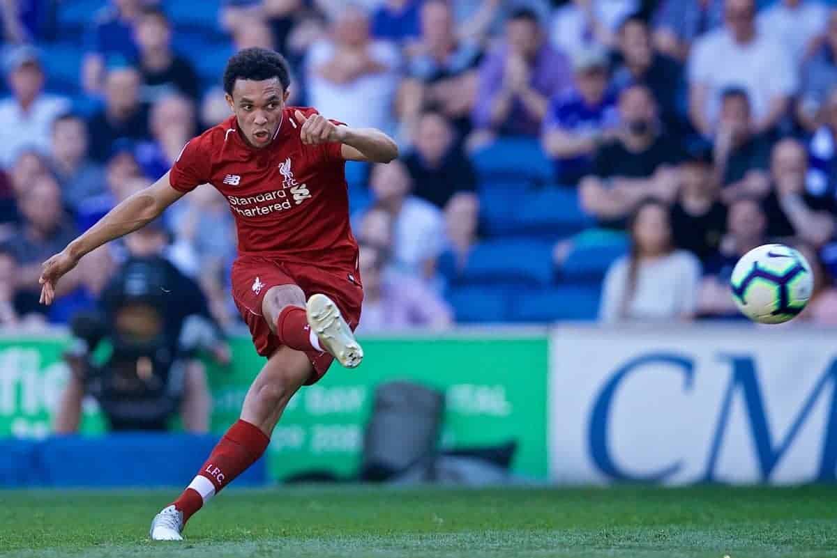 CARDIFF, WALES - Saturday, April 20, 2019: Liverpool's Trent Alexander-Arnold takes a free-kick during the FA Premier League match between Cardiff City FC and Liverpool FC at the Cardiff City Stadium. (Pic by David Rawcliffe/Propaganda)