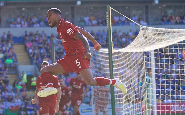 CARDIFF, WALES - Saturday, April 20, 2019: Liverpool's Georginio Wijnaldum celebrates scoring the first goal during the FA Premier League match between Cardiff City FC and Liverpool FC at the Cardiff City Stadium. (Pic by David Rawcliffe/Propaganda)