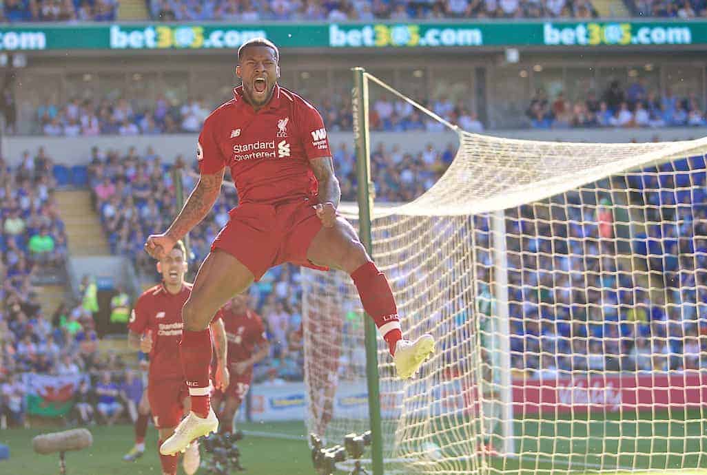 CARDIFF, WALES - Saturday, April 20, 2019: Liverpool's Georginio Wijnaldum celebrates scoring the first goal during the FA Premier League match between Cardiff City FC and Liverpool FC at the Cardiff City Stadium. (Pic by David Rawcliffe/Propaganda)