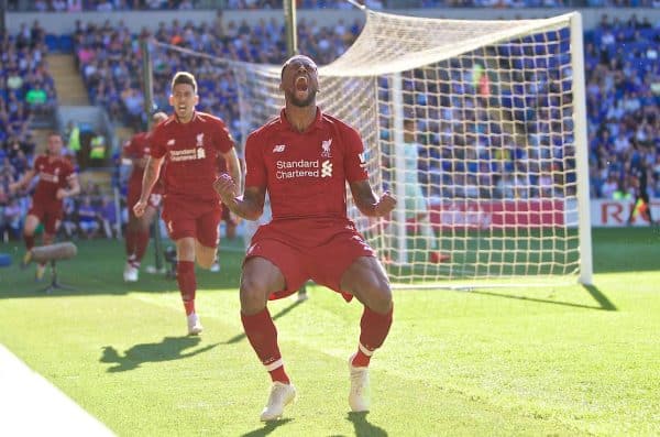 CARDIFF, WALES - Saturday, April 20, 2019: Liverpool's Georginio Wijnaldum celebrates scoring the first goal during the FA Premier League match between Cardiff City FC and Liverpool FC at the Cardiff City Stadium. (Pic by David Rawcliffe/Propaganda)