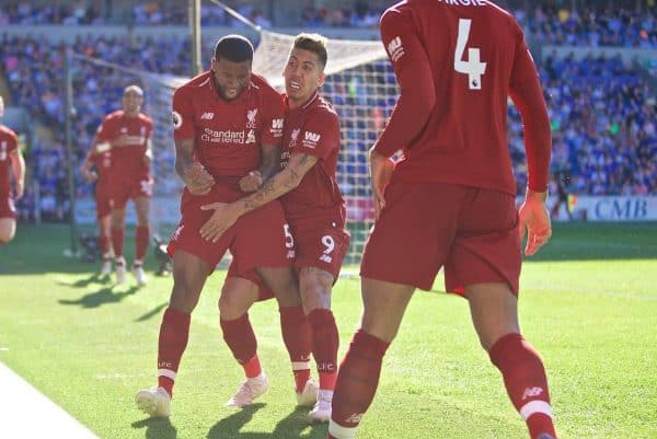 CARDIFF, WALES - Saturday, April 20, 2019: Liverpool's Georginio Wijnaldum celebrates scoring the first goal during the FA Premier League match between Cardiff City FC and Liverpool FC at the Cardiff City Stadium. (Pic by David Rawcliffe/Propaganda)