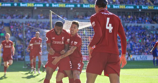 CARDIFF, WALES - Saturday, April 20, 2019: Liverpool's Georginio Wijnaldum celebrates scoring the first goal during the FA Premier League match between Cardiff City FC and Liverpool FC at the Cardiff City Stadium. (Pic by David Rawcliffe/Propaganda)