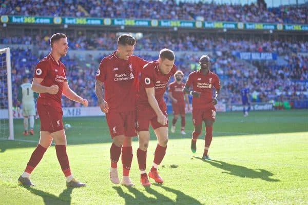 CARDIFF, WALES - Saturday, April 20, 2019: Liverpool's captain James Milner celebrates scoring the second goal from a penalty kick during the FA Premier League match between Cardiff City FC and Liverpool FC at the Cardiff City Stadium. (Pic by David Rawcliffe/Propaganda)